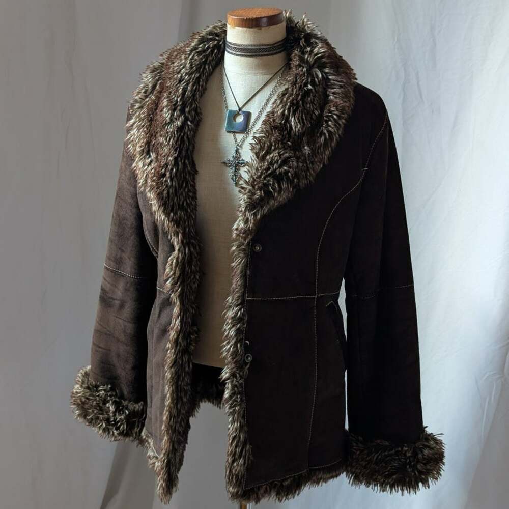 Y2K Vintage Brown Suede Coat L Faux Fur Trim Boho Leather Jacket Penny Lane Coat
